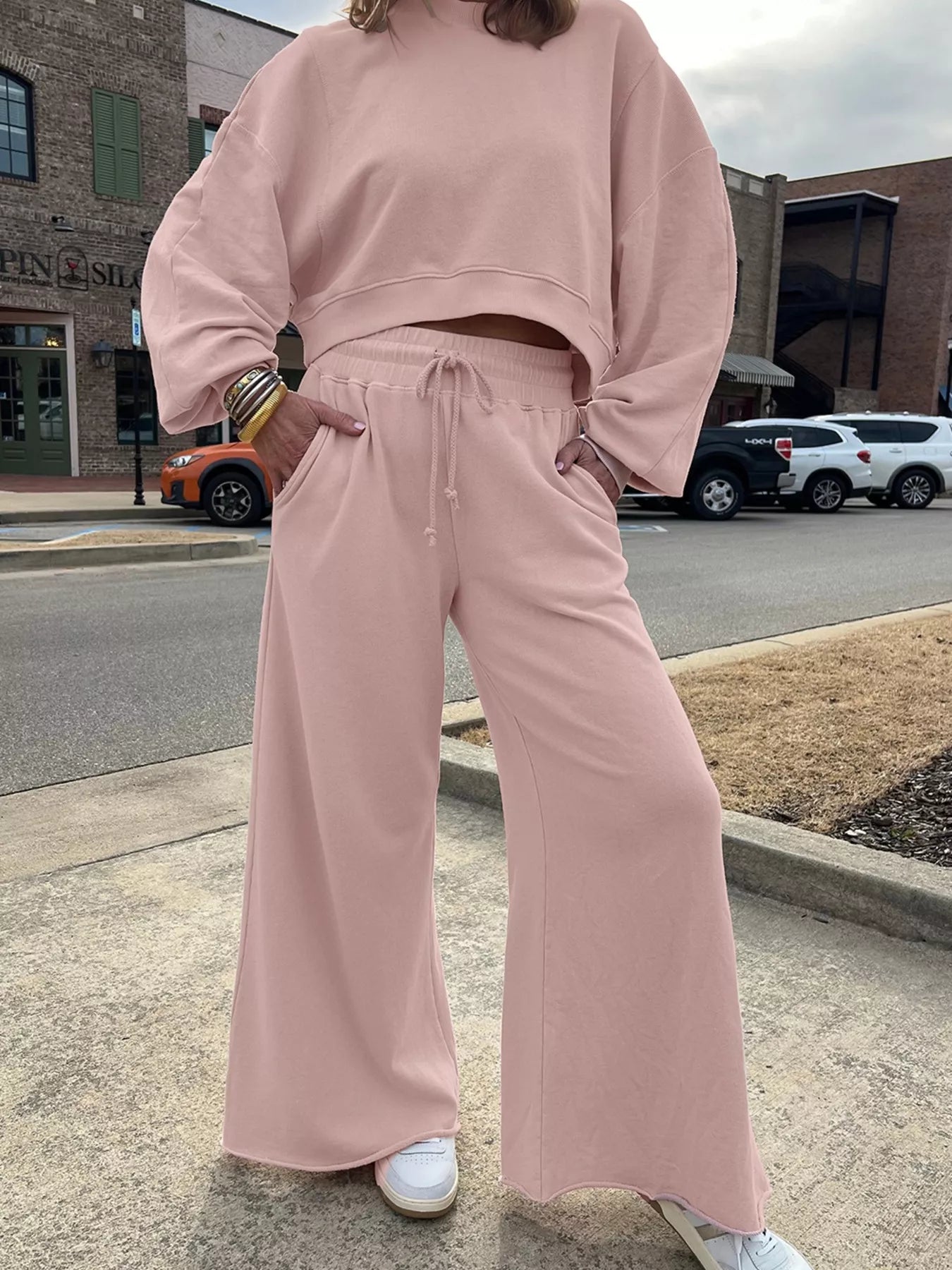 Puff Sleeve Crop Top and Wide-Leg Pants Set pink