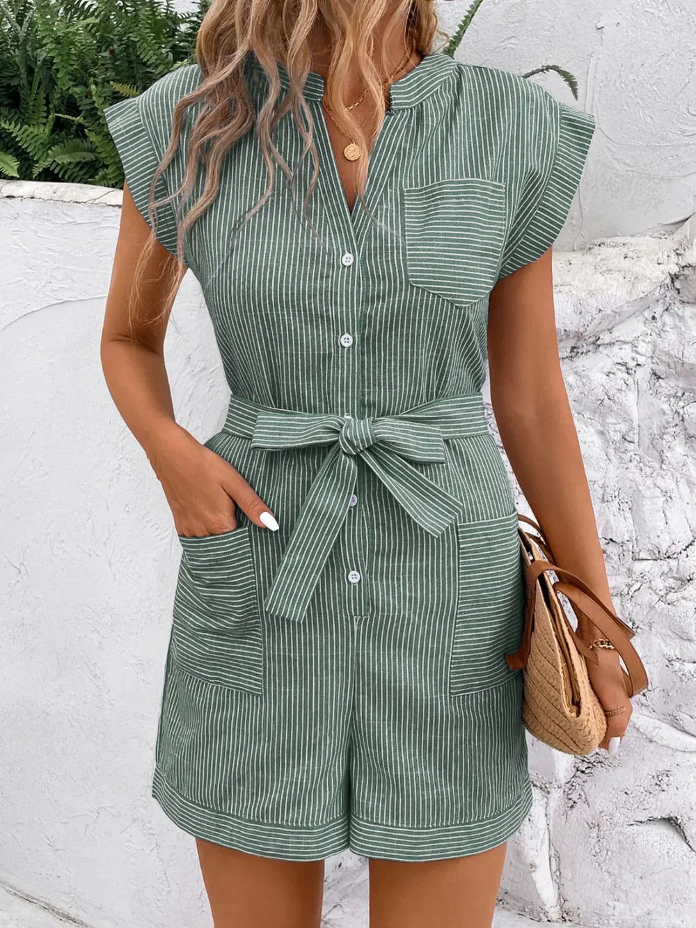 Striped Button-Down Playsuit with Tie Waist