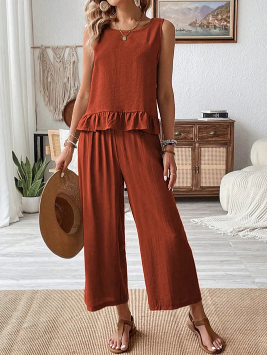 Ruffled Top and Wide Leg Pants Set rust