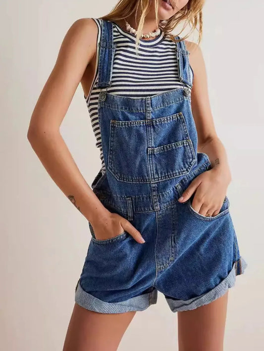 Women's Blue Denim Overalls - Denim Dungaree Shorts with Pockets
