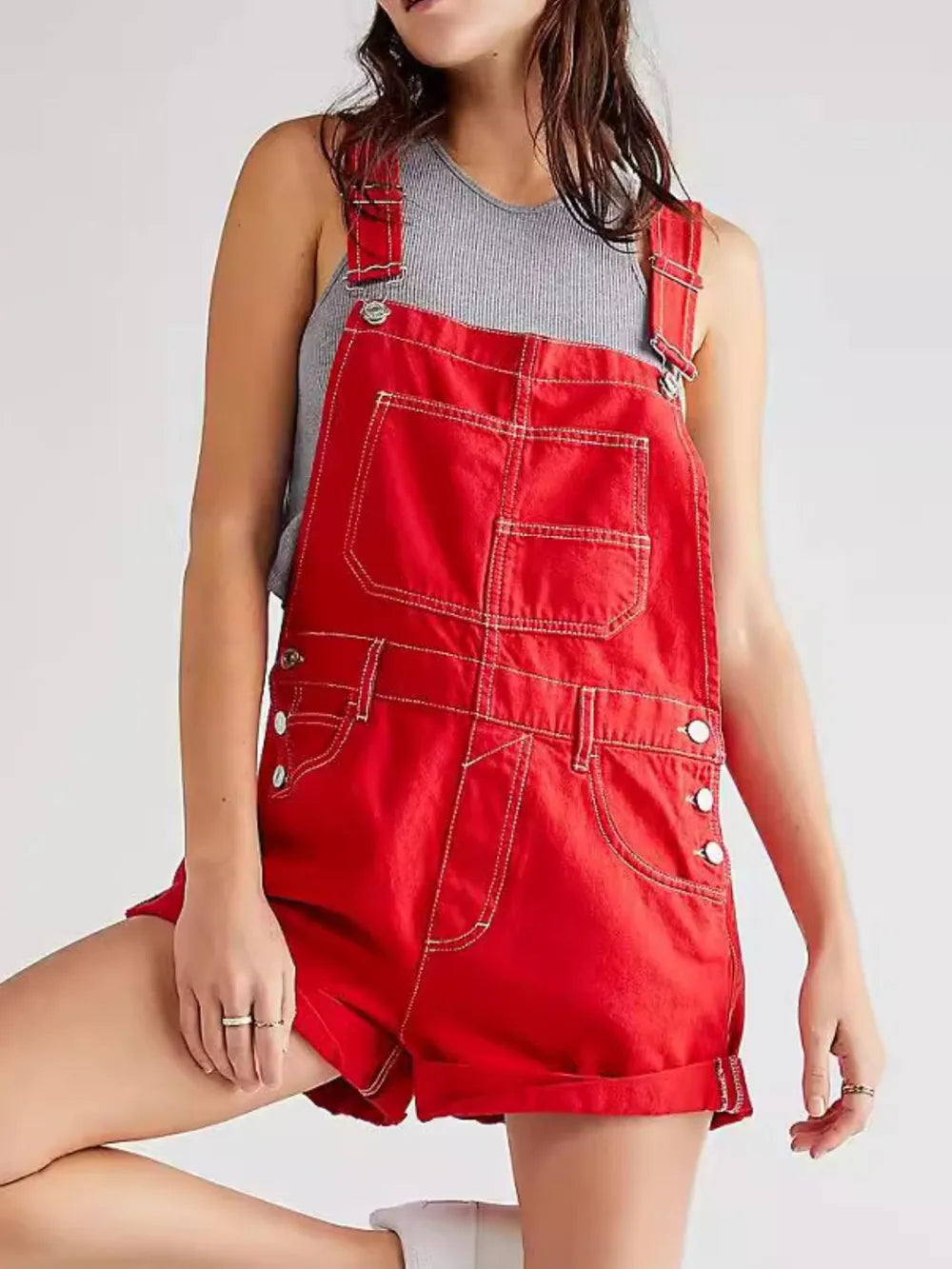 Women's Red Denim Overalls - Denim Dungaree Shorts with Pockets