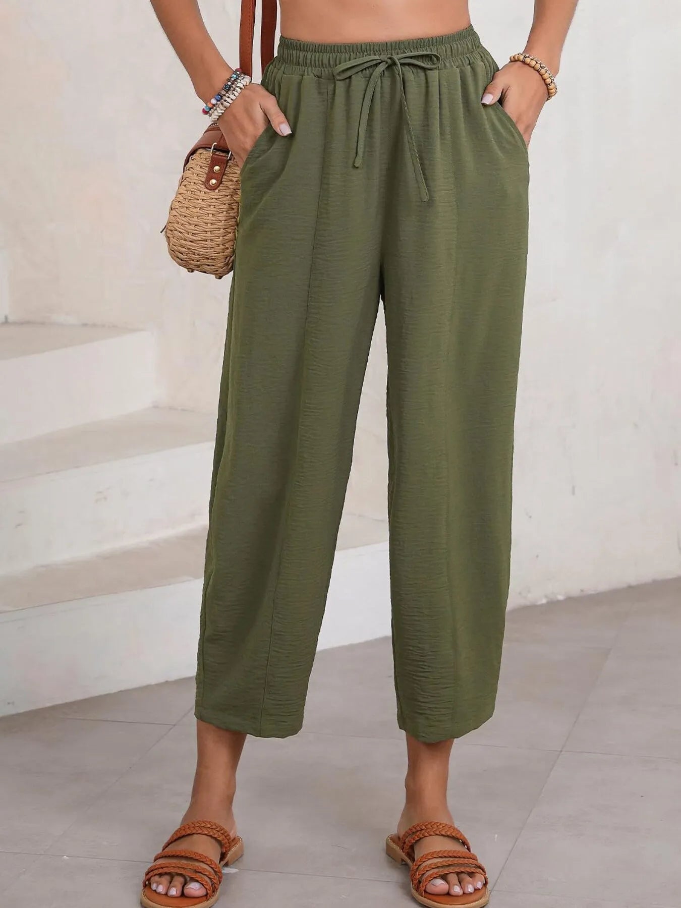 Drawstring Wide Leg Cropped Pants Size S-3XL -Cropped Pants