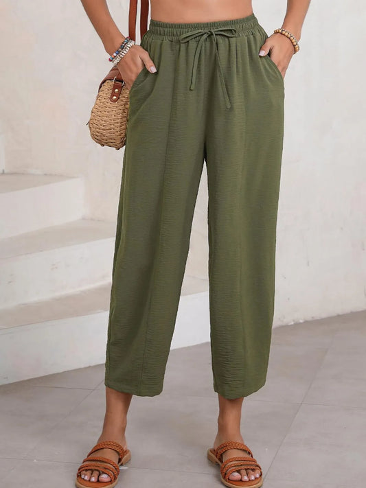 Drawstring Wide Leg Cropped Pants Size S-3XL -Cropped Pants