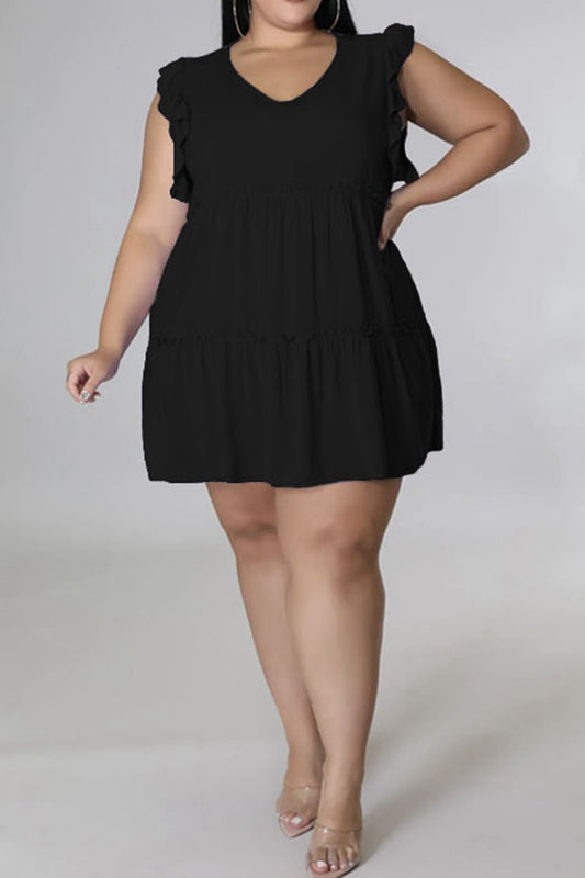 Plus Size V-Neck Frill Trim Mini Dress black