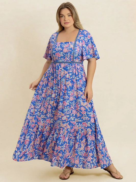 Floral Print Short Sleeve Maxi Dress -Curve Collection