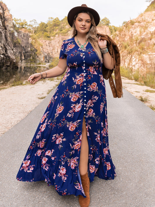 Plus Size Floral Maxi Dress - Button Front Long Dress for Curves