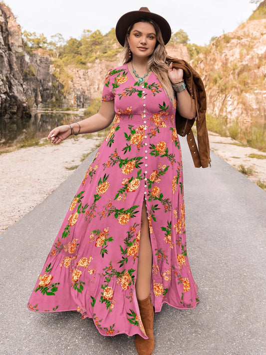 Floral V-Neck Short Sleeve Maxi Dress (Curve Collection) pink