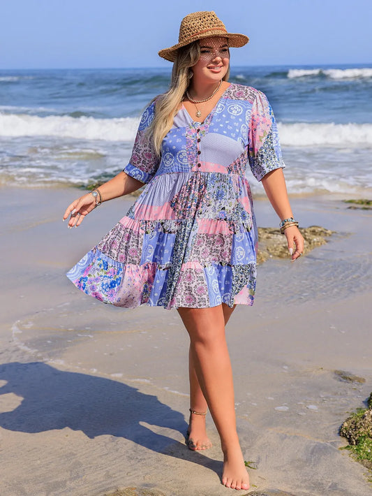 Curve Floral Print Tiered Mini Dress