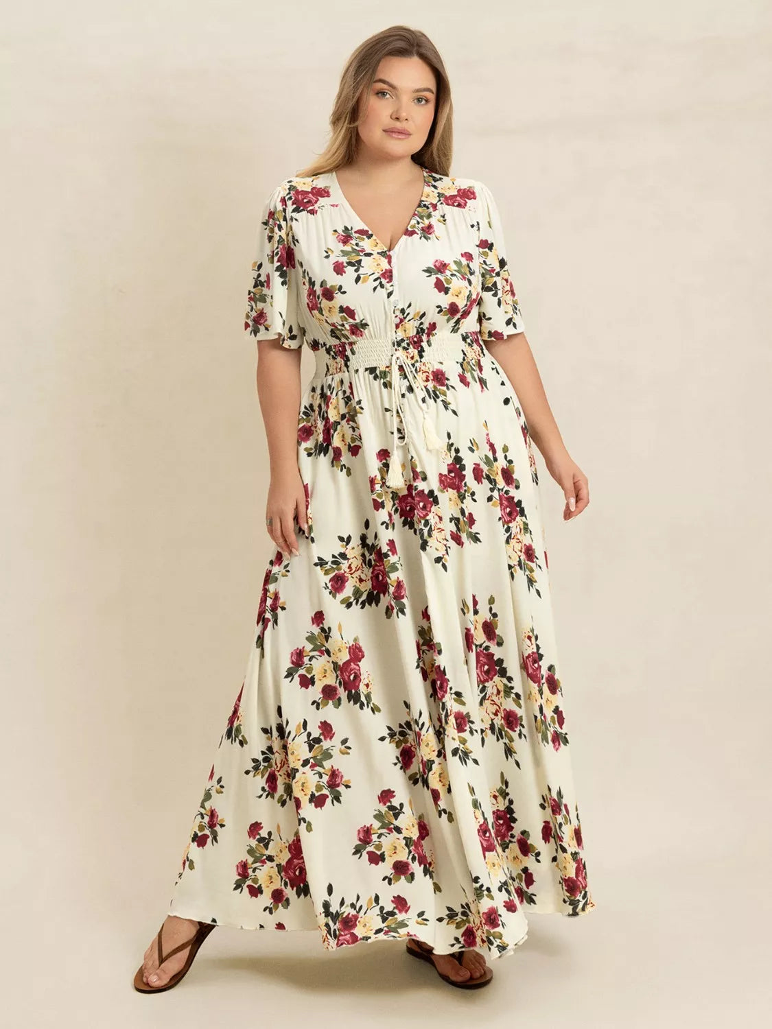 Plus Size Floral Maxi Dress - Flutter Sleeve Button Front Summer Dress