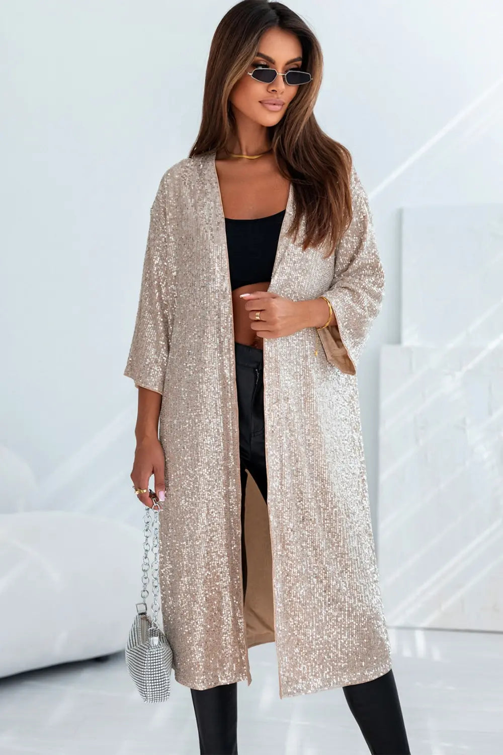 Sequin Open Front Duster Cardigan beige