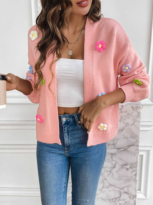 Women's Floral Cardigan - Long Sleeve Open Front Sweater with 3D Flowers Pink
