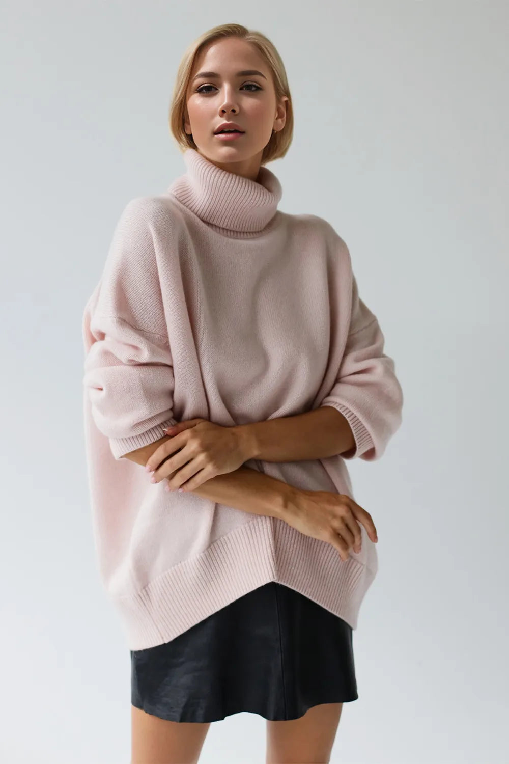 Women's Turtleneck Sweater - Dropped Shoulder Long Sleeve Knit Jumper blush pink