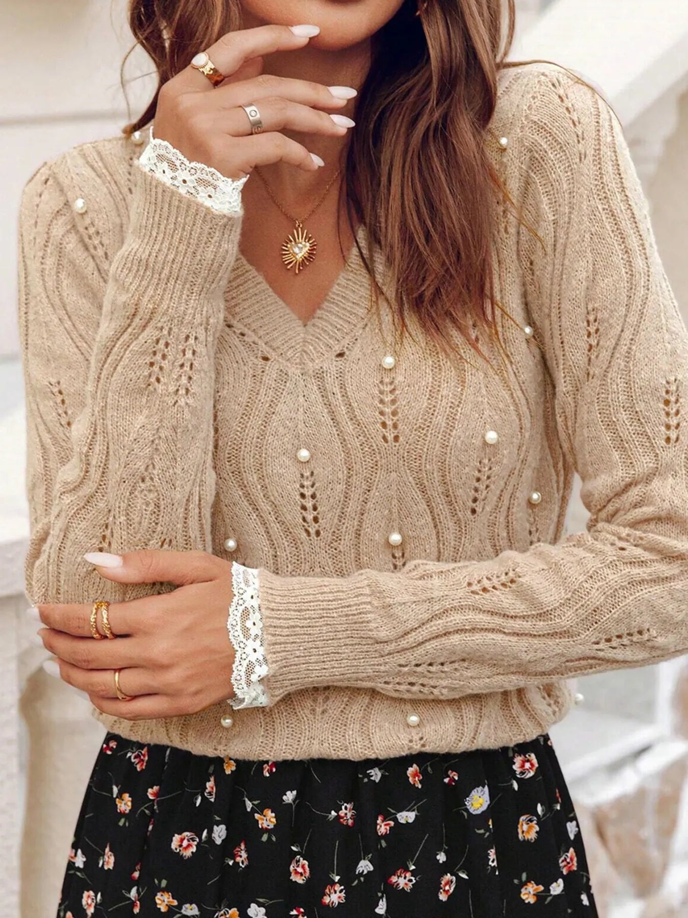 Pearl Pointelle Knit Lace Patchwork Sleeve Sweater