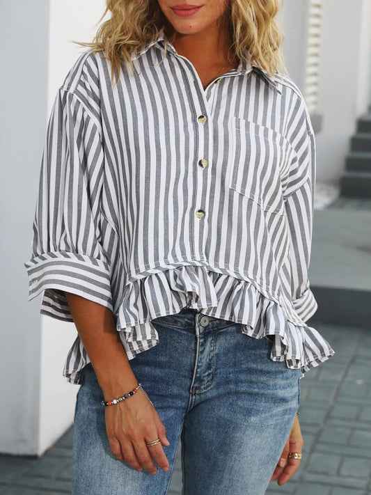 Striped Ruffle Hem Button-Up Shirt black