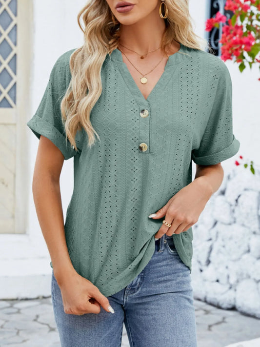 Eyelet Notched Short Sleeve Blouse green