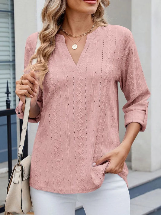 Eyelet Notched Roll-Tab Sleeve Top pink