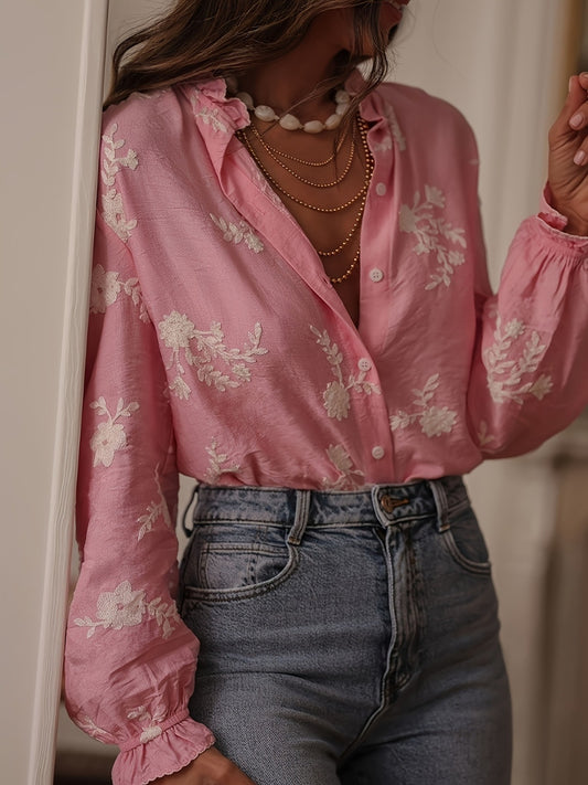 Floral Embroidered Button Down Shirt Pink