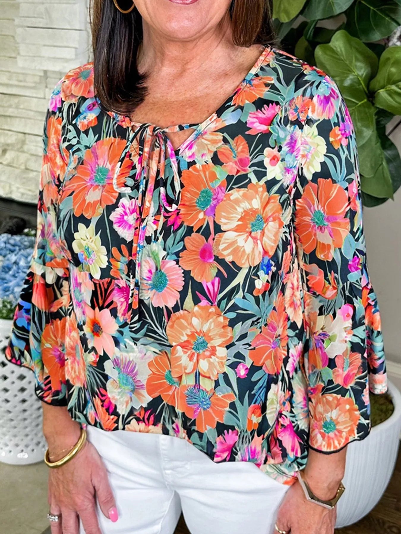 Floral 3/4 Flare Sleeve Tied Neck Blouse