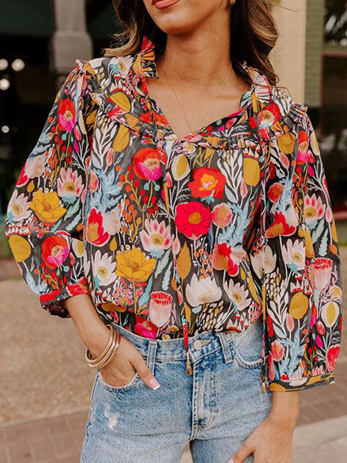 Floral 3/4 Puff Sleeve Tied Neck Blouse