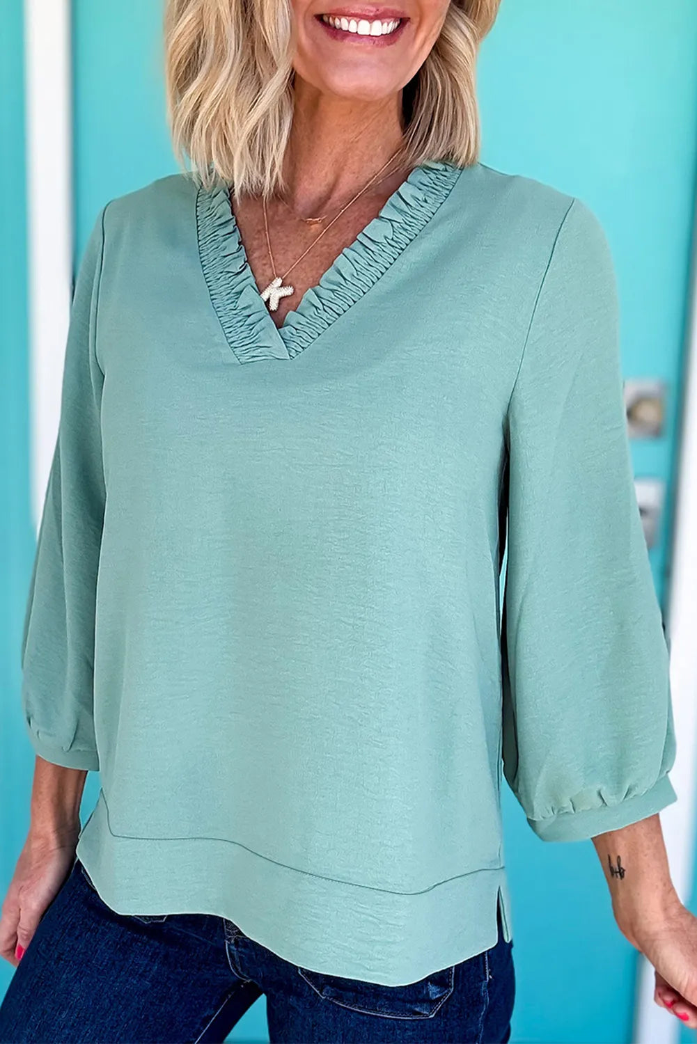 Frill Trim V-Neck Long Sleeve Blouse green