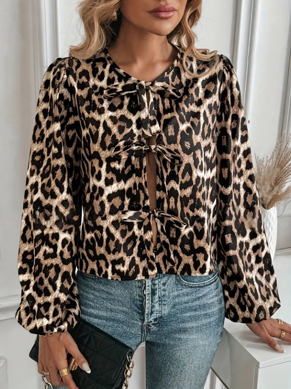 Leopard Print Long Sleeve Top with Front Ties