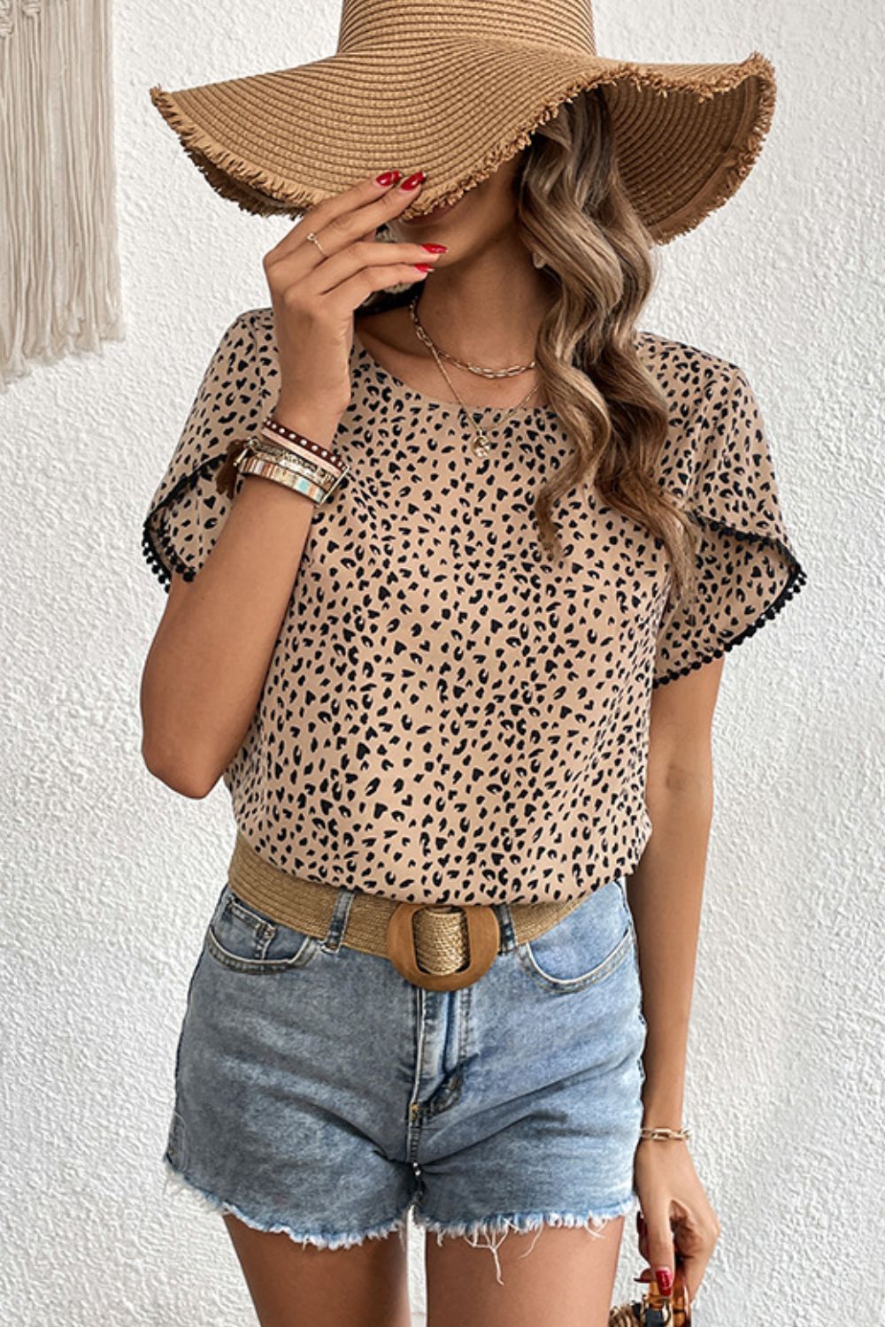 Leopard Print Pom Pom Trim Sleeve Blouse