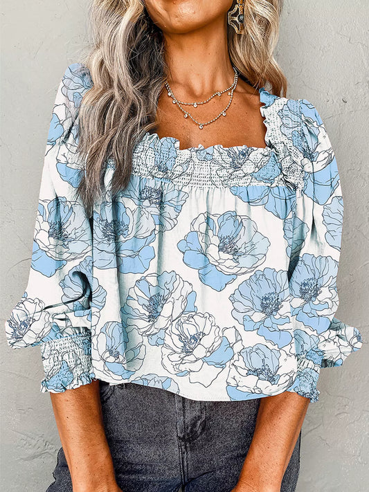 Floral Print Smocked Long Sleeve Blouse