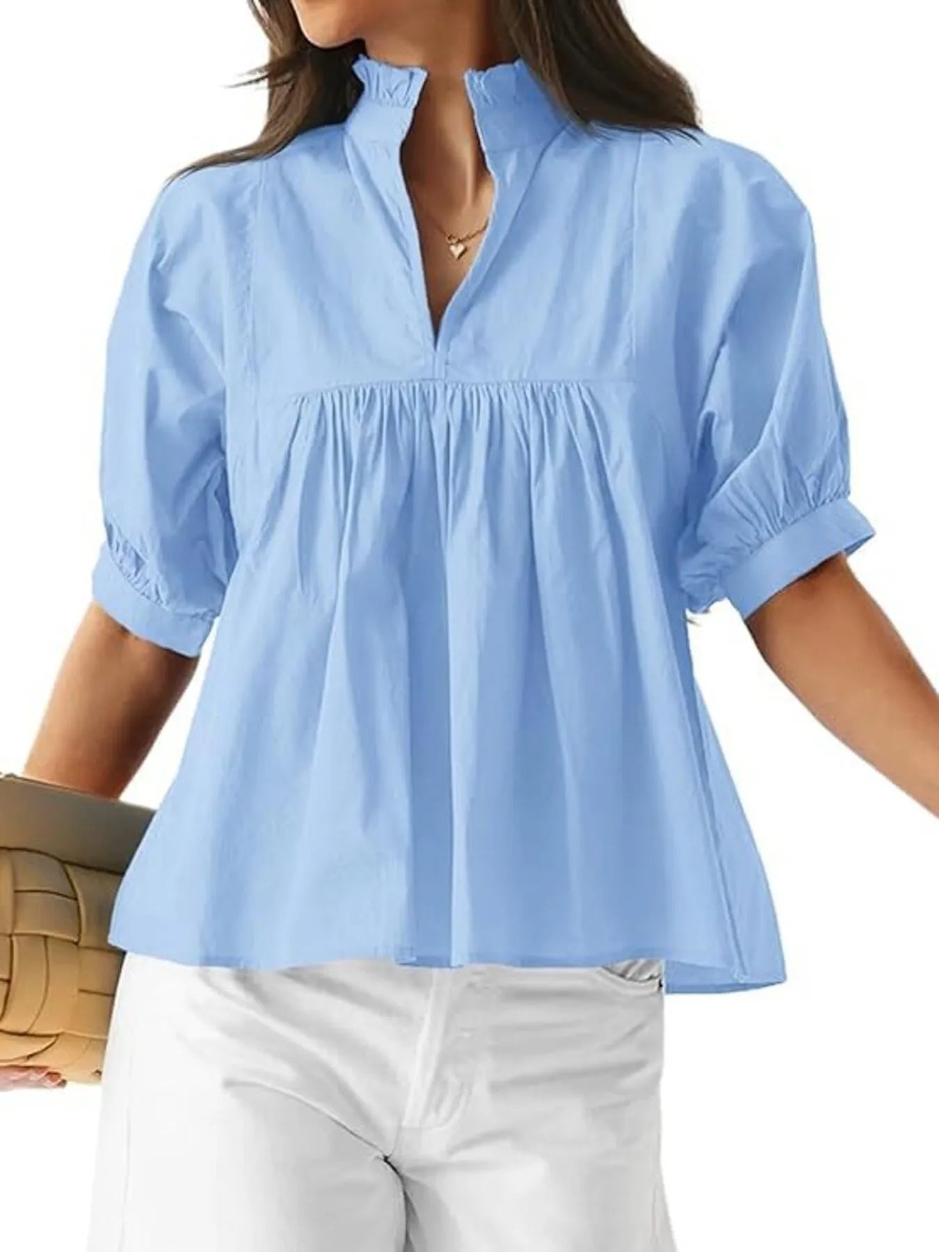 Notched Puff Sleeve Blouse blue