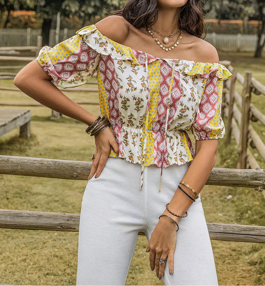 Women's Off Shoulder Blouse - Ruffled Printed Short Sleeve Top