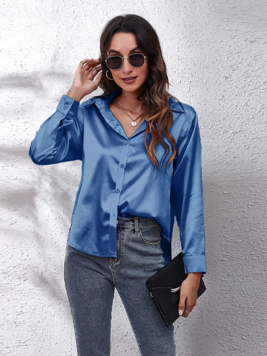 Button Up Collared Neck Long Sleeve Shirt blue