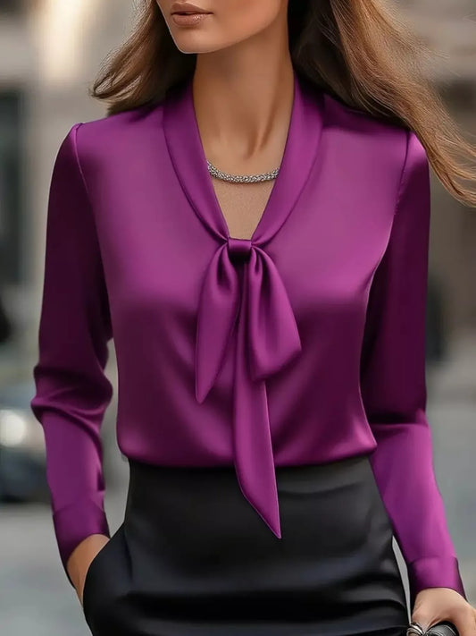 Satin Tie Front Long Sleeve Blouse purple