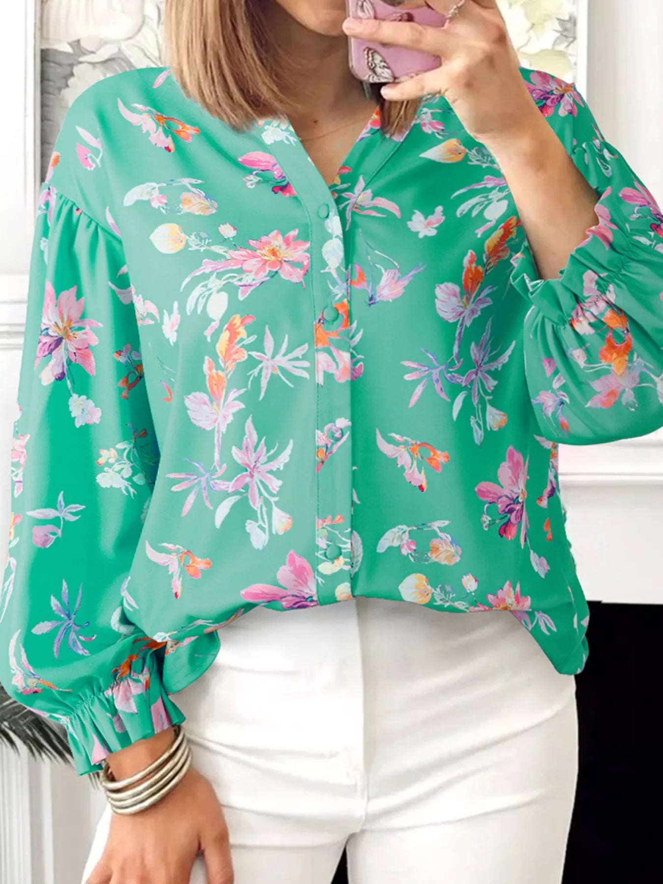Floral Lantern Sleeve Button Front Shirt green