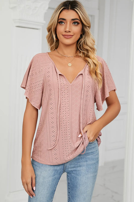 Eyelet Tie Neck Flutter Sleeve Blouse watermelon pink