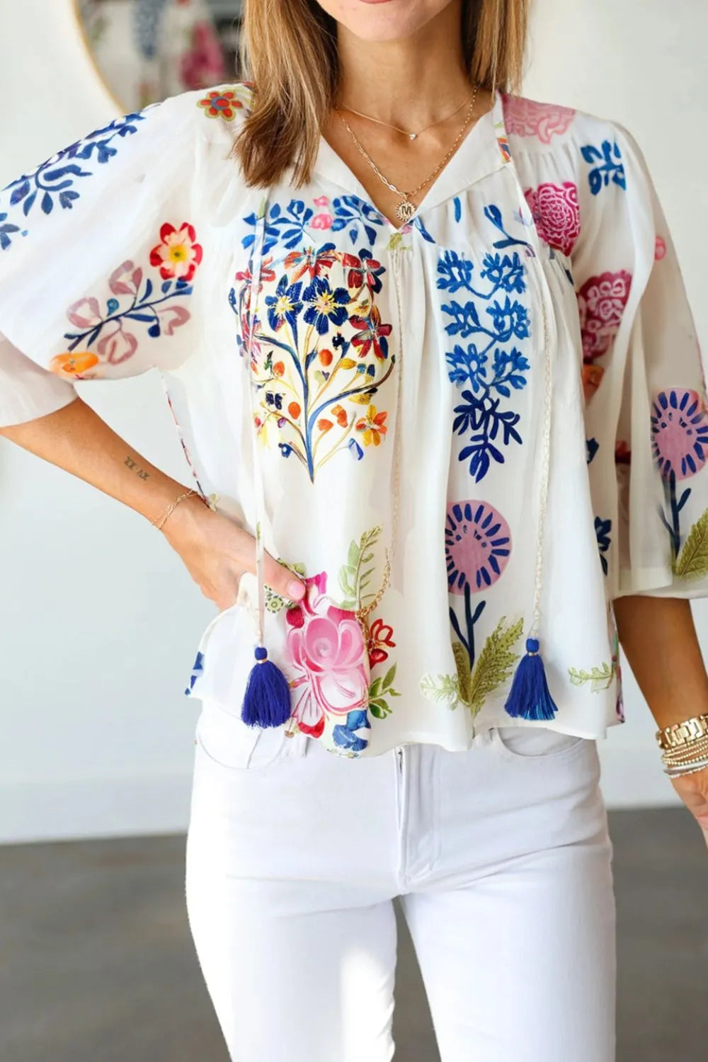 Floral Tie Neck 3/4 Sleeve Blouse