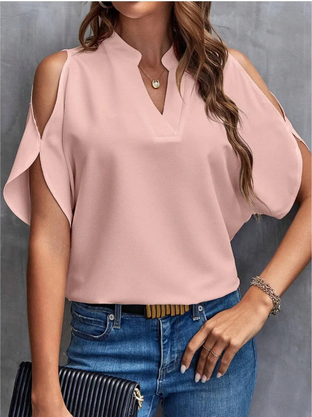 Notched Cold Shoulder Half Sleeve Blouse pink