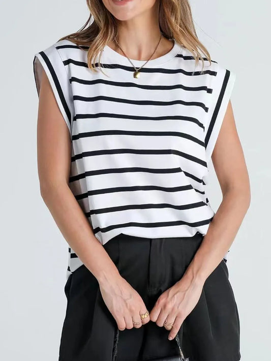 Striped Round Neck Cap Sleeve Top white