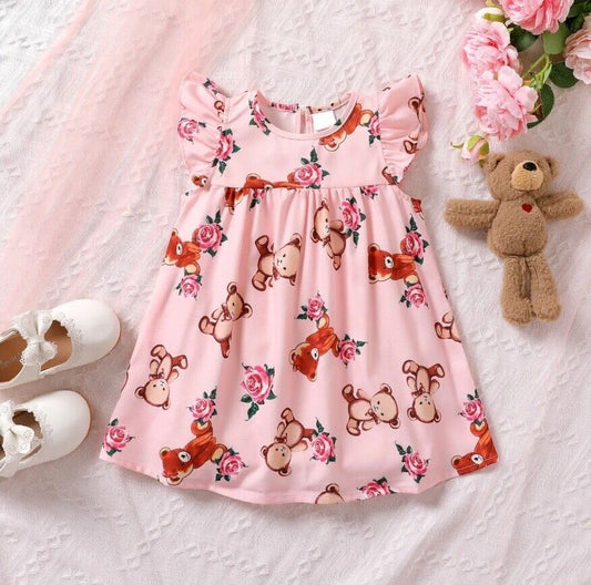 Baby Toddler Dress: Teddy Bear Rose Print Pink Girls Dress - MARIGOLD 