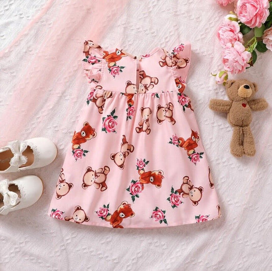 Baby Toddler Dress: Teddy Bear Rose Print Pink Girls Dress - MARIGOLD 