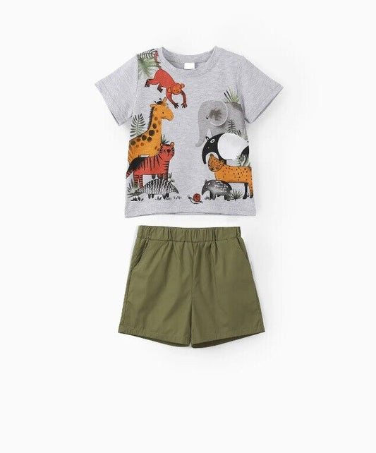 Boys' Jungle Animal Print Tee and Olive Shorts Set - MARIGOLD 