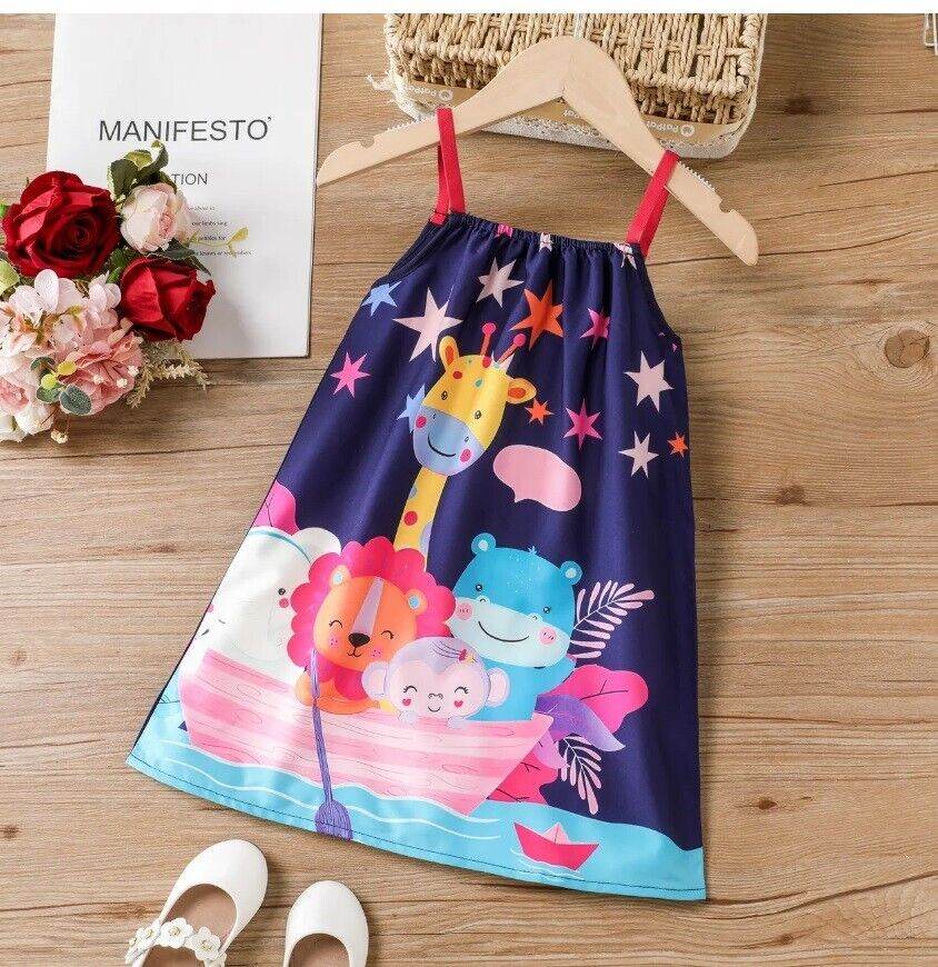 Girls Dress - New Colourful Jungle Animals in Boat Under Stars Print Shift Dress - MARIGOLD 