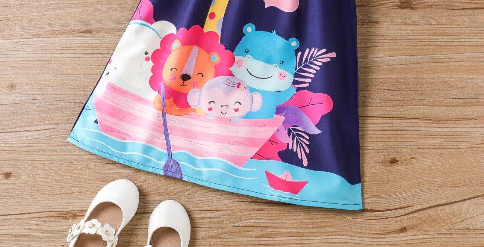 Girls Dress - New Colourful Jungle Animals in Boat Under Stars Print Shift Dress - MARIGOLD 