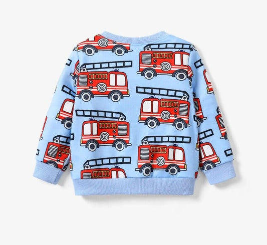 New Boys' Top - Blue Long Sleeve with Red Fire Engine Print - MARIGOLD 