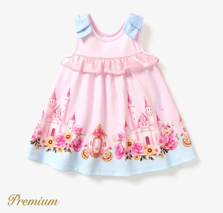 Princess Castle and Carriage Print Pink Baby Girls Dress - MARIGOLD 