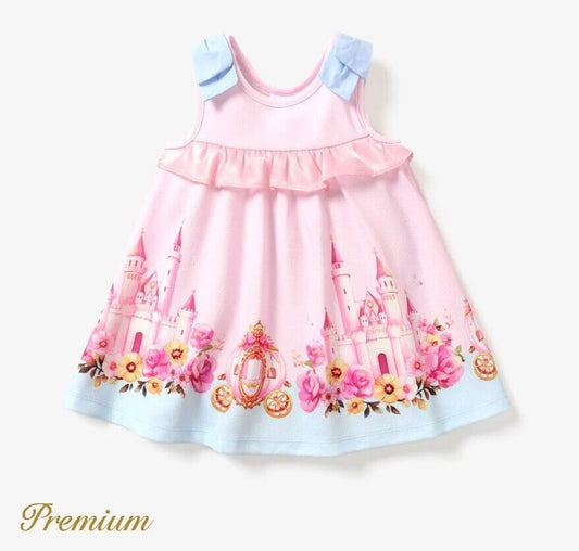 Princess Castle and Carriage Print Pink Baby Girls Dress - MARIGOLD 
