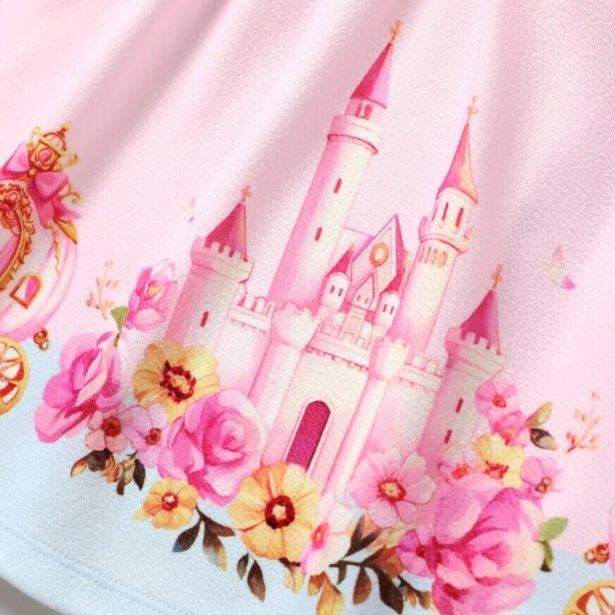 Princess Castle and Carriage Print Pink Baby Girls Dress - MARIGOLD 
