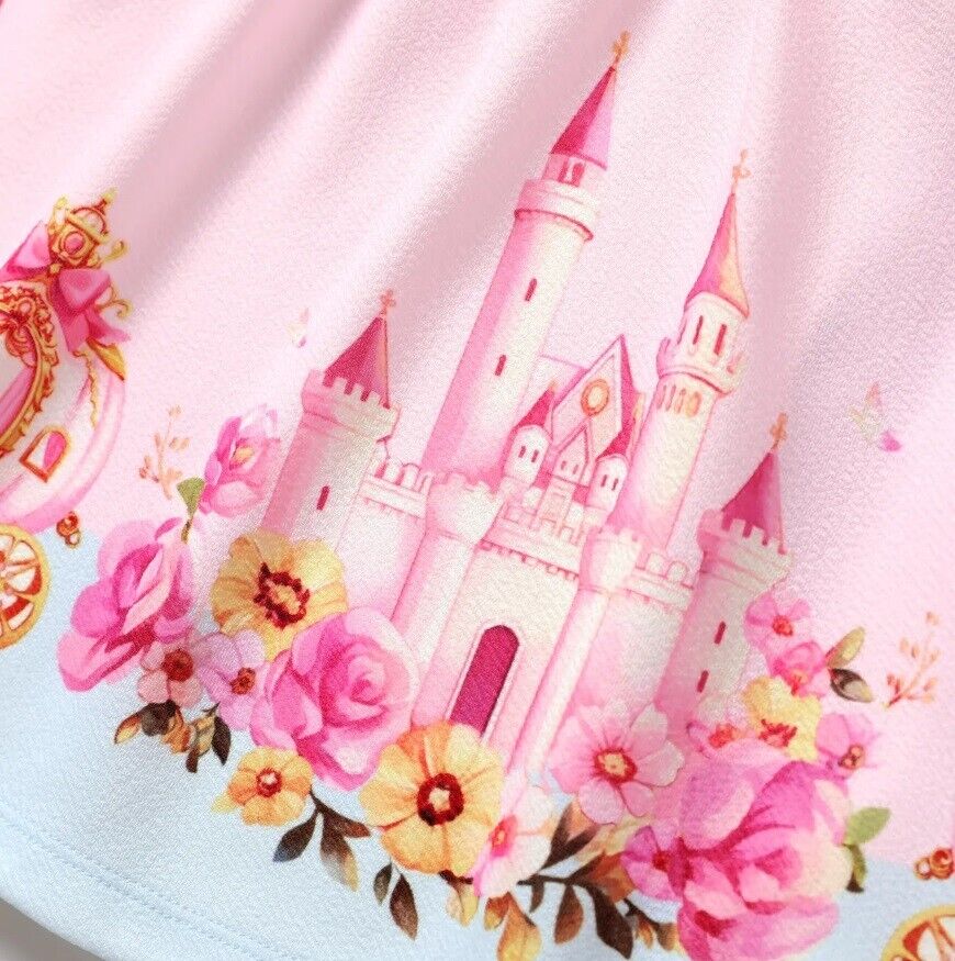 Princess Castle and Carriage Print Pink Baby Girls Dress - MARIGOLD 
