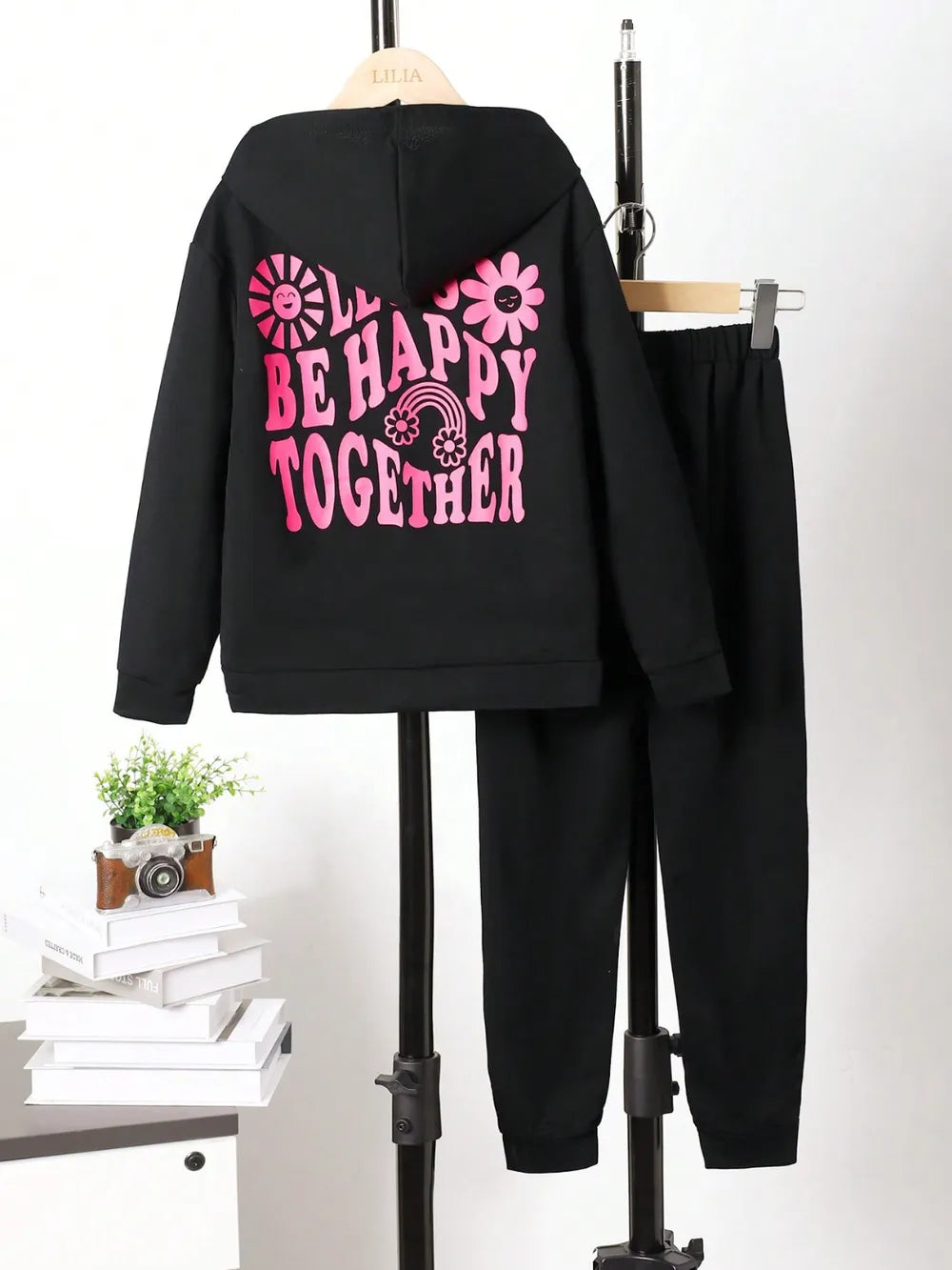 Children's Graphic Long Sleeve Hoodie and Pants Set be happy together