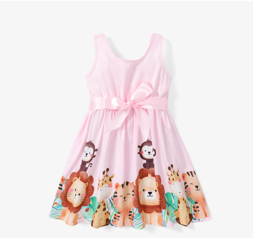 Whimsical Jungle Animal Print Pink Belted Girls Dress - MARIGOLD 