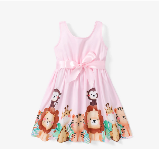 Whimsical Jungle Animal Print Pink Belted Girls Dress - MARIGOLD 