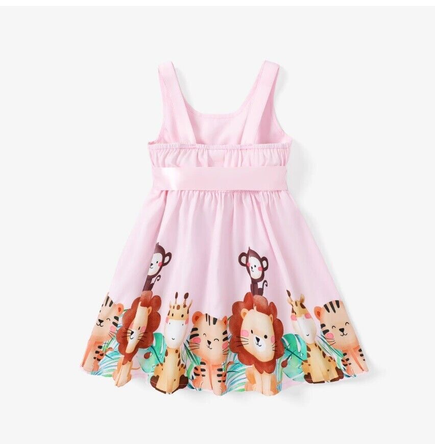 Whimsical Jungle Animal Print Pink Belted Girls Dress - MARIGOLD 